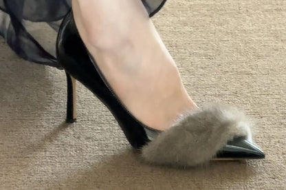 Sample Pointed Toe Faux Fur Panel Patent Leather Stiletto Pumps
