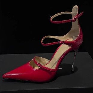 Sample Pointed Toe Ankle Strap Patent Leather Stiletto Pumps