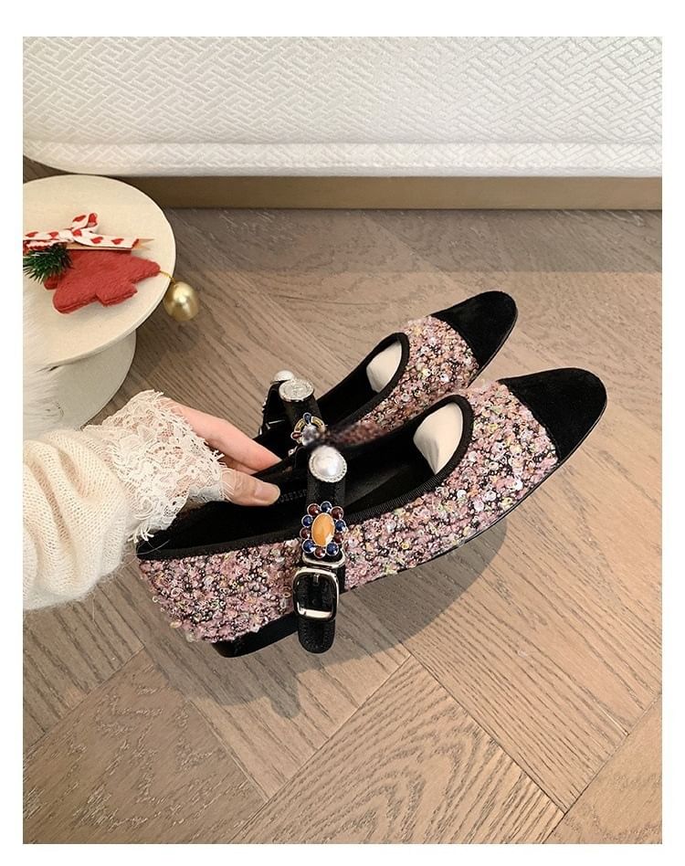 Sample Cap Toe Faux Pearl Tweed Mary Jane Flats