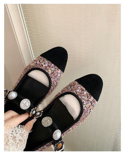 Sample Cap Toe Faux Pearl Tweed Mary Jane Flats