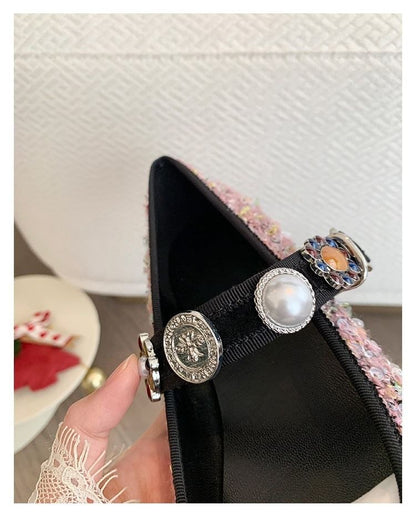 Sample Cap Toe Faux Pearl Tweed Mary Jane Flats