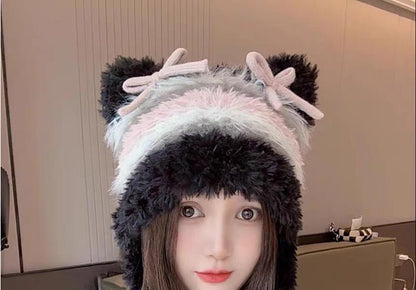 Cat Bow Fluffy Beanie Knit Ear