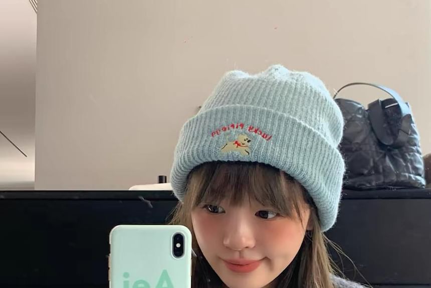 Knit Beanie Dog Embroidered