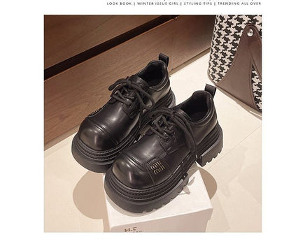 Lace-Up Plain Platform Faux Leather Shoes