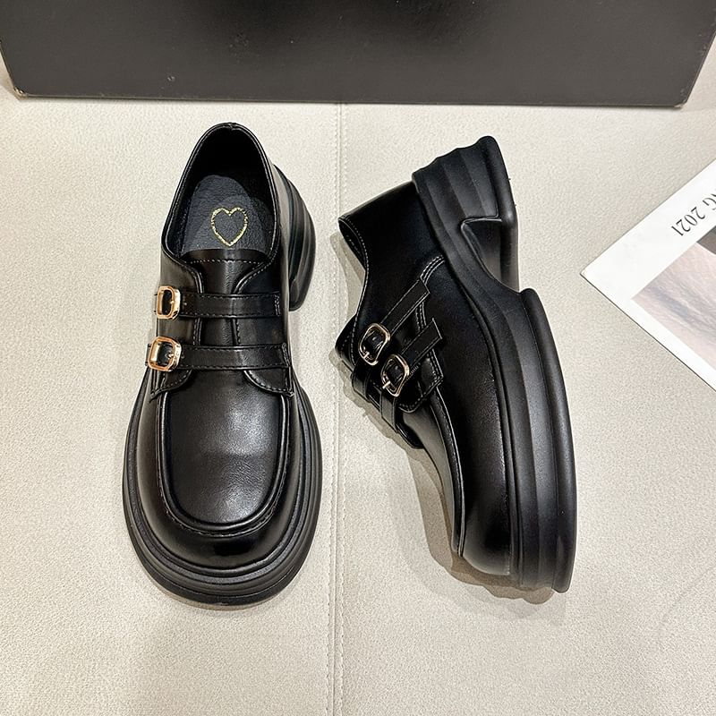 Faux Platform Buckled Leather Loafers