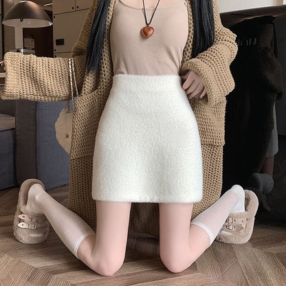 High Mini Fluffy Pencil Rise Plain Skirt