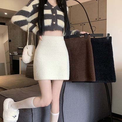 High Mini Fluffy Pencil Rise Plain Skirt