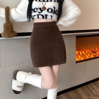 High Mini Fluffy Pencil Rise Plain Skirt