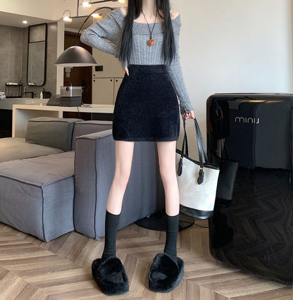 High Mini Fluffy Pencil Rise Plain Skirt
