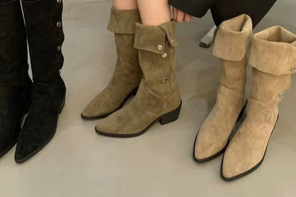 Sample Pointed Toe Button Faux Suede Knee High Boots