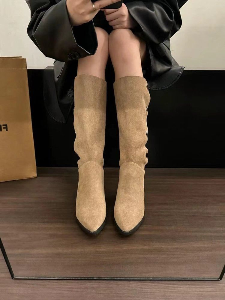 Sample Pointed Toe Button Faux Suede Knee High Boots