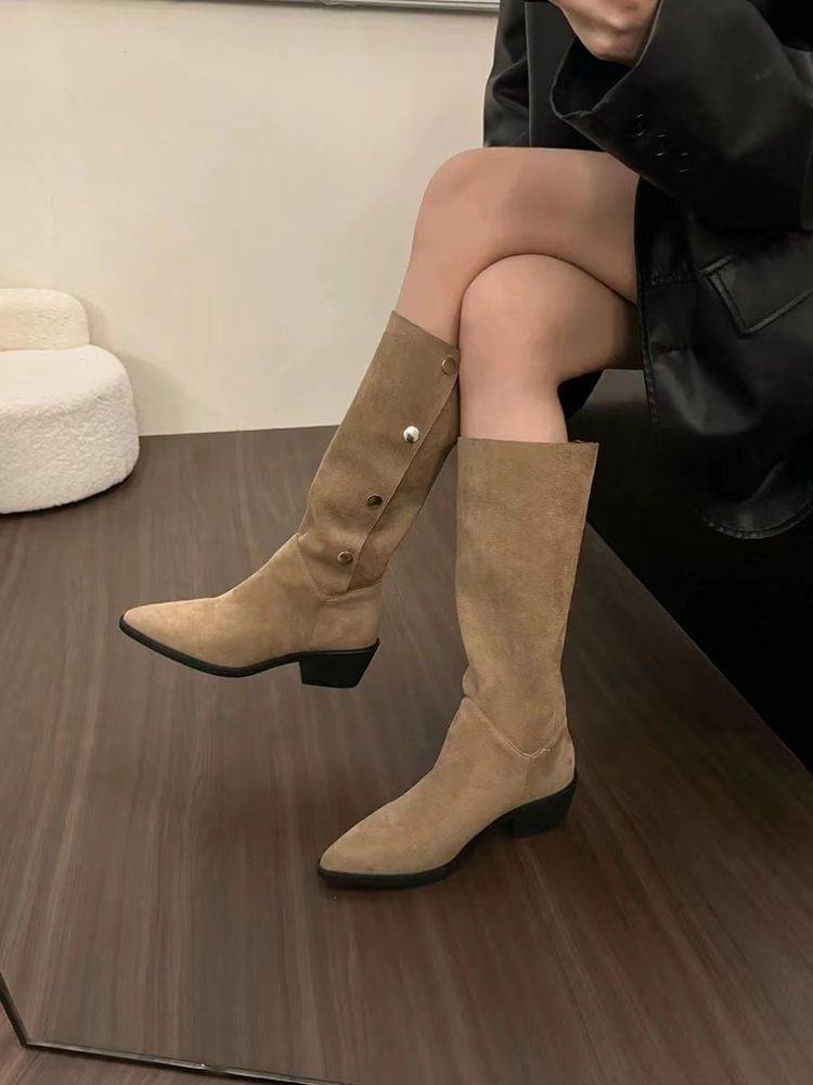 Sample Pointed Toe Button Faux Suede Knee High Boots