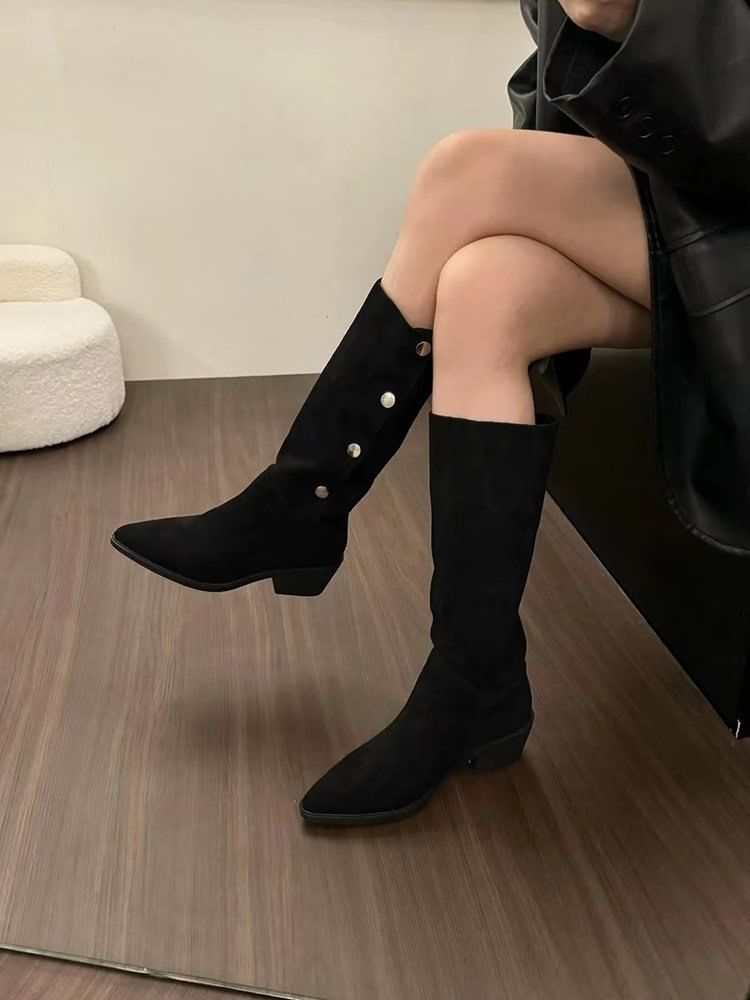 Sample Pointed Toe Button Faux Suede Knee High Boots