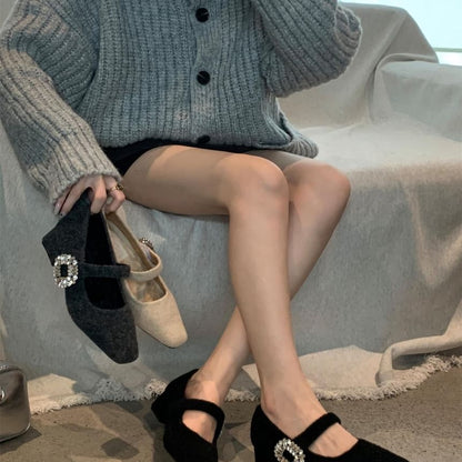Square Toe Rhinestone Buckled Block Heel Mary Jane Pumps