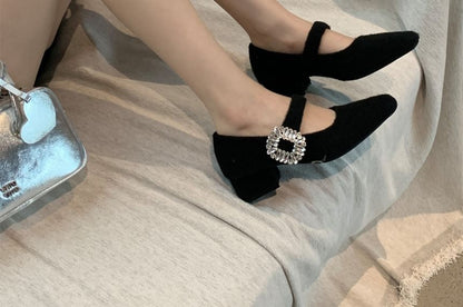 Square Toe Rhinestone Buckled Block Heel Mary Jane Pumps