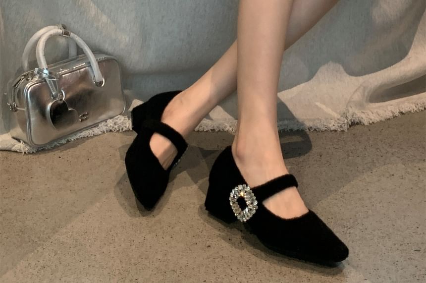 Square Toe Rhinestone Buckled Block Heel Mary Jane Pumps