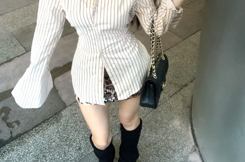 Striped Button Shirt / High Waist Up Leopard Long-Sleeve Collared