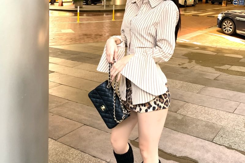 Striped Button Shirt / High Waist Up Leopard Long-Sleeve Collared