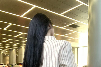 Striped Button Shirt / High Waist Up Leopard Long-Sleeve Collared