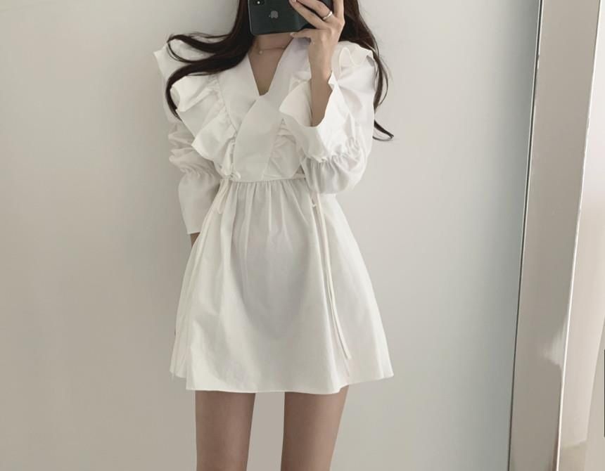 Plain Collared A-Line Mini Dress Long-Sleeve V-Neck