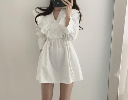 Plain Collared A-Line Mini Dress Long-Sleeve V-Neck