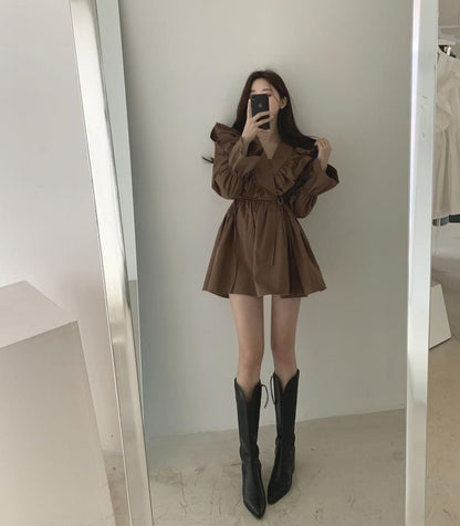 Plain Collared A-Line Mini Dress Long-Sleeve V-Neck