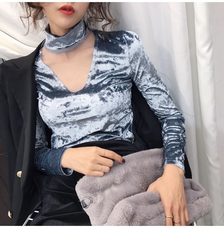 Mesh Mock Long-Sleeve Neck Velvet Panel Top