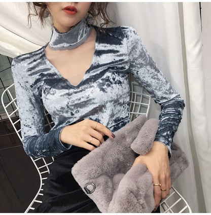 Mesh Mock Long-Sleeve Neck Velvet Panel Top