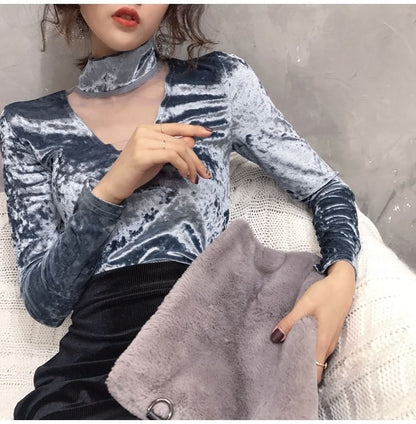 Mesh Mock Long-Sleeve Neck Velvet Panel Top