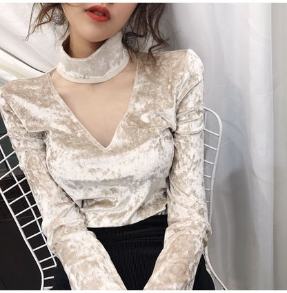 Mesh Mock Long-Sleeve Neck Velvet Panel Top