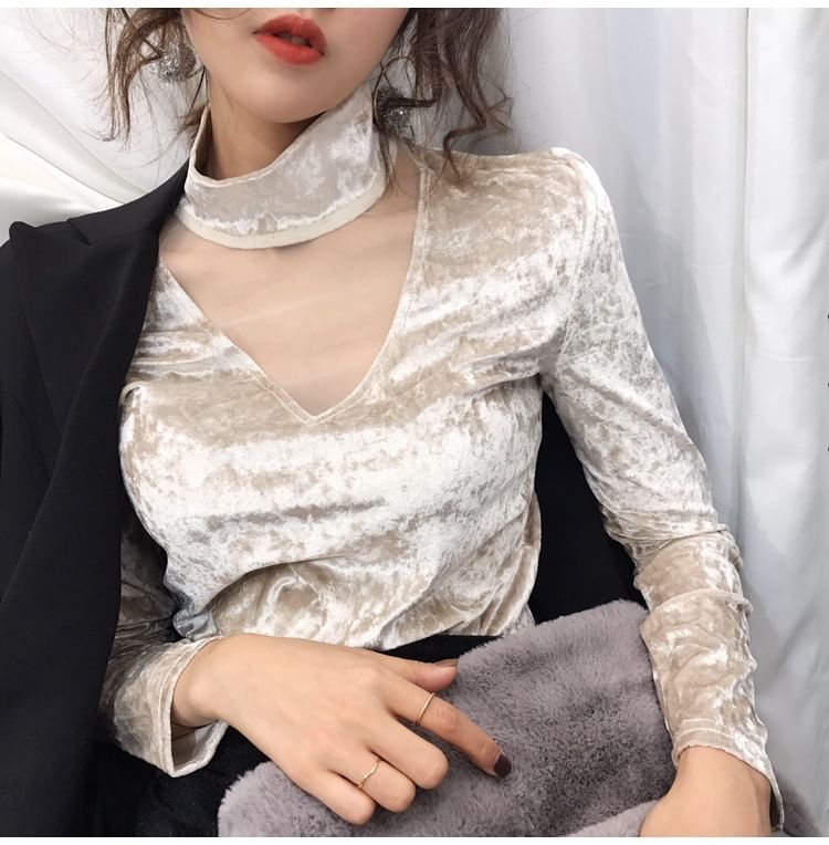 Mesh Mock Long-Sleeve Neck Velvet Panel Top