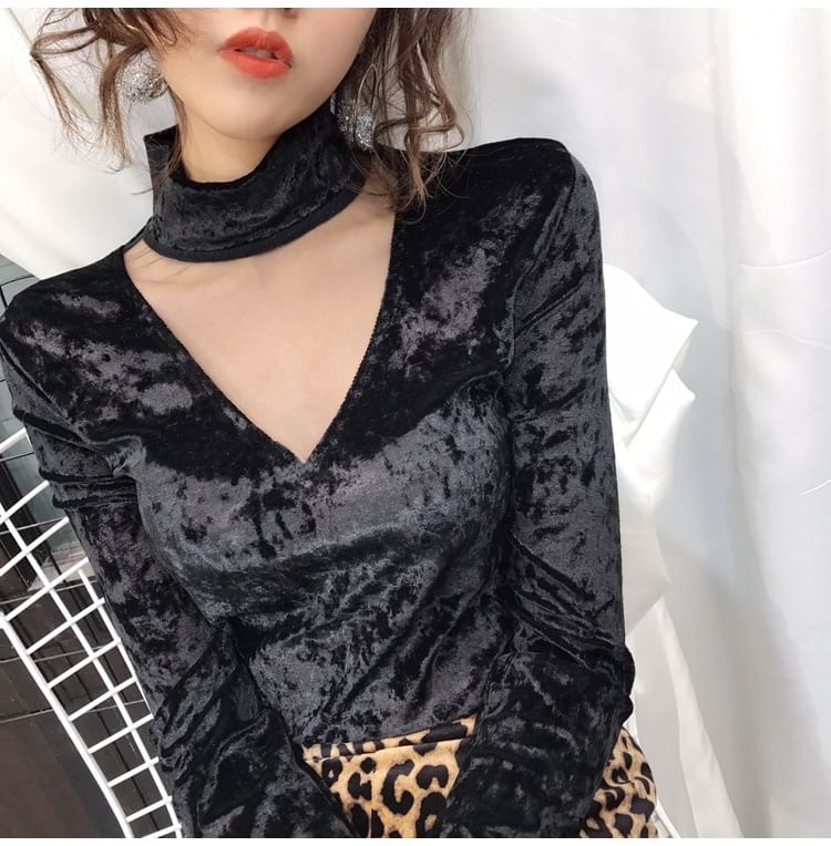 Mesh Mock Long-Sleeve Neck Velvet Panel Top