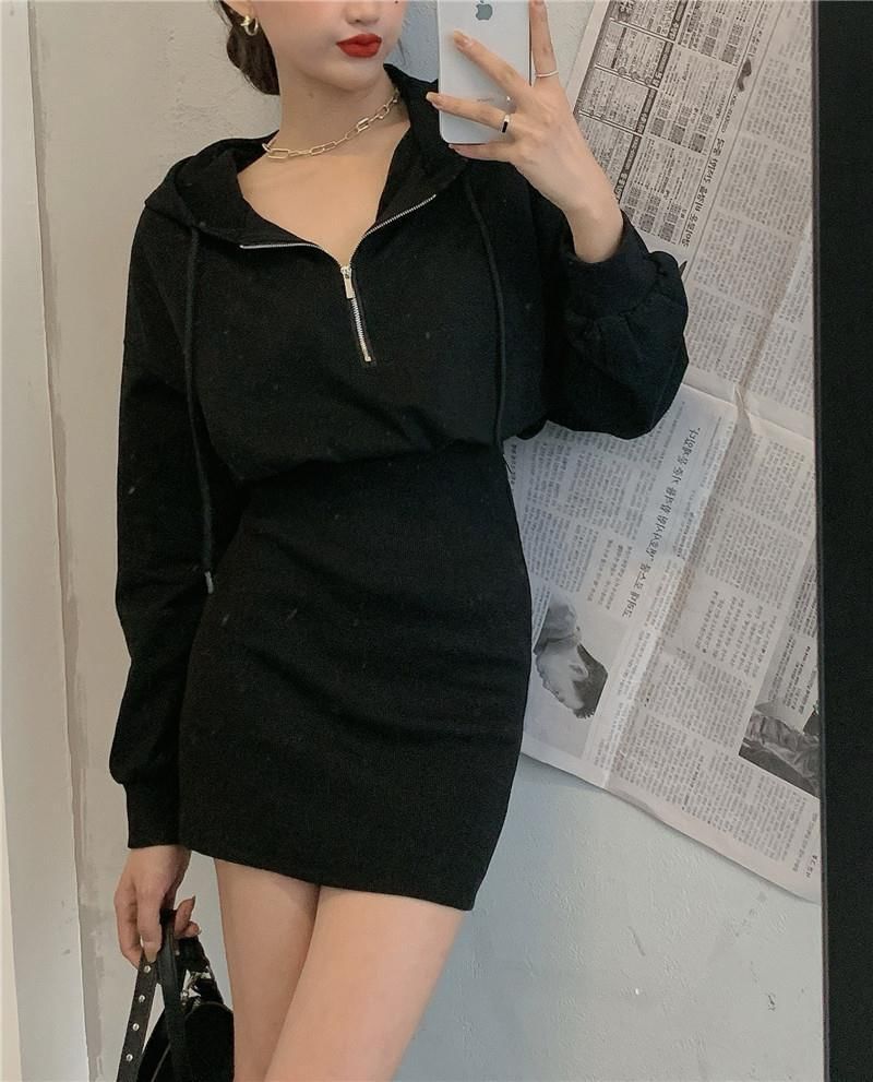 Dress Half Plain Hoodie Mini Zip