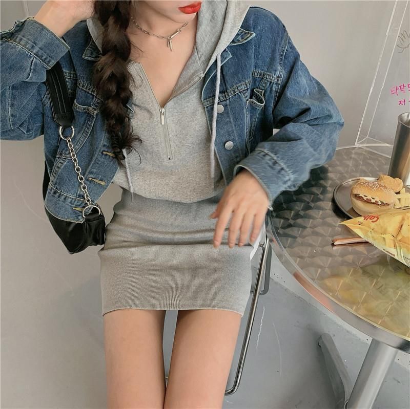 Dress Half Plain Hoodie Mini Zip