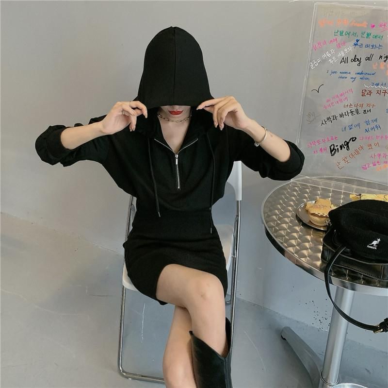Dress Half Plain Hoodie Mini Zip