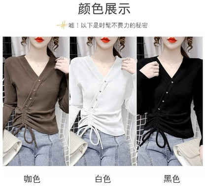 V-Neck Plain Asymmetrical Crop Long-Sleeve Top