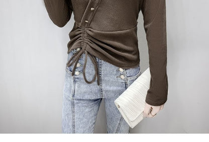 V-Neck Plain Asymmetrical Crop Long-Sleeve Top