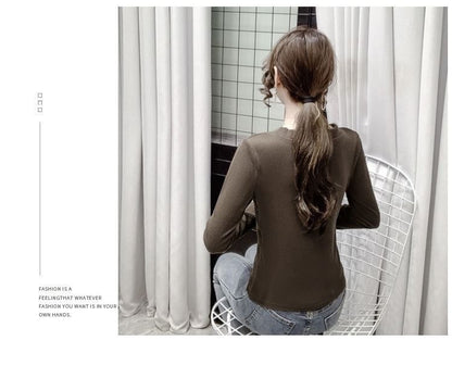 V-Neck Plain Asymmetrical Crop Long-Sleeve Top