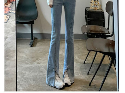 Hem High Slit Waist Jeans Flared
