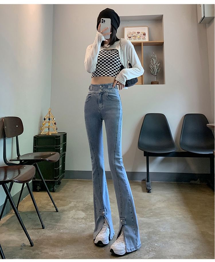 Hem High Slit Waist Jeans Flared