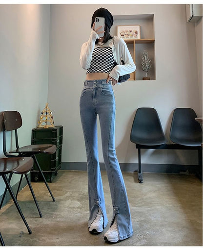 Hem High Slit Waist Jeans Flared