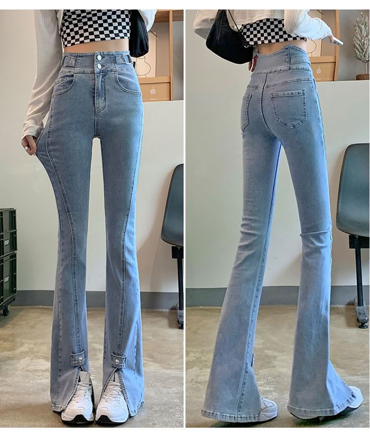 Hem High Slit Waist Jeans Flared