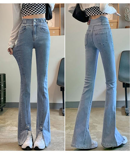 Hem High Slit Waist Jeans Flared