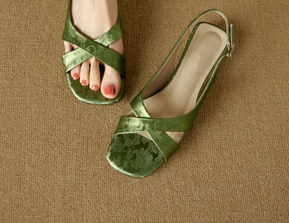 Square-Toe Floral Jacquard Slingback Sandals