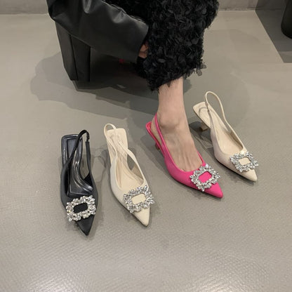 Rhinestone Buckle Low Heel Slingback Sandals