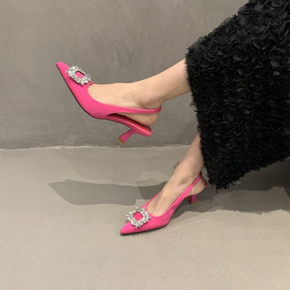 Rhinestone Buckle Low Heel Slingback Sandals