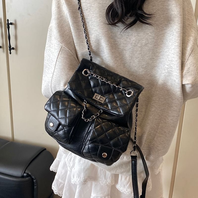 Leather Quilted Chain Faux Strap Backpack
