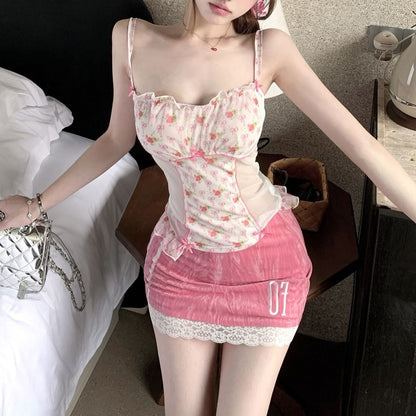 Sample Floral Bow Print Mest Panel Ruffle Camisole Top / High Rise Patterned Lace Trim Mini Pencil Skirt