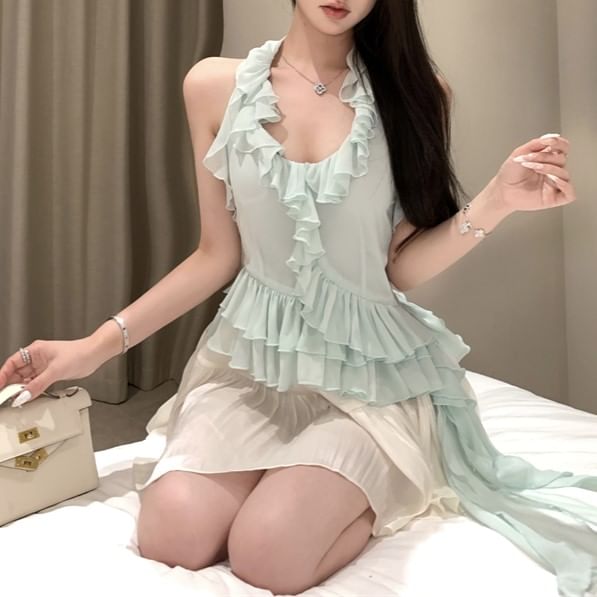 Sample Scoop Neck Plain Ruffle Asymmetrical Halter Top / High Rise Mini A-Line Skirt