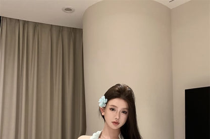 Sample Scoop Neck Plain Ruffle Asymmetrical Halter Top / High Rise Mini A-Line Skirt